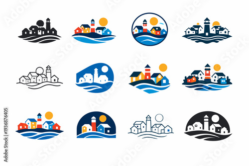 Coastal town. Icon set. Set Logo of coastal town: seaside houses. harmonious logo variations of the same emblematic concept, each with different artistic