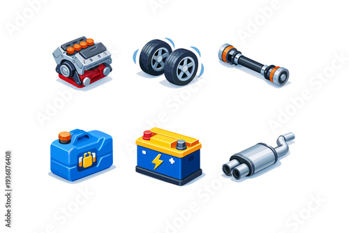 Car Motion. Isometric flat vector icons set of car motion: car engine block, rotating wheels, drivetrain shaft, fuel tank, car battery, exhaust system. Arrange