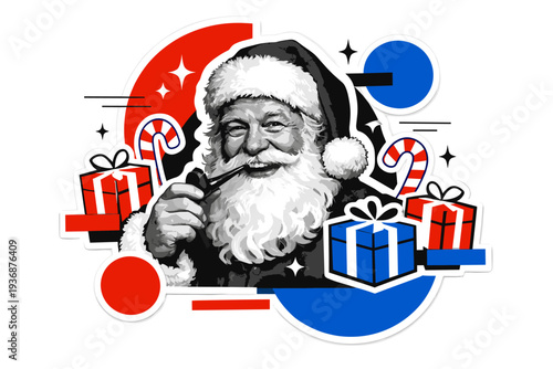 Black and white retro-style Santa Claus portrait with bold white sticker outline, simplified gift boxes and candy canes arranged playfully around, cobalt blue