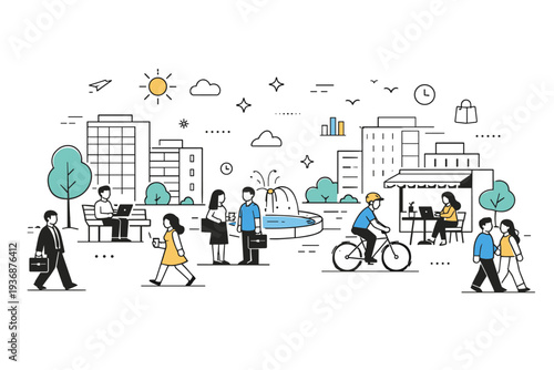 Second tier cities growth. A modern city scene with mid-rise buildings, green spaces, and people moving calmly between work and leisure. Balanced urban life