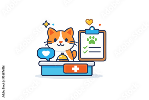 Vet clinic icons showing friendly reception care where a pet face and clipboard suggest guidance, organization and supportive service. Minimalist flat vector