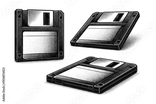 Floppy Disk ? .-inch diskette. A classic .-inch floppy disk with rigid plastic shell and metal shutter, shown as the same disk presented in three different