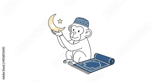 Monkey with Moon and Prayer Rug in Night Scene