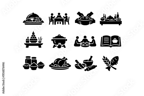 Cultural Food Traditions. Solid icon set of Cultural Food Traditions: traditional meal platter, family dining table, shared bowl, festive feast, ceremonial