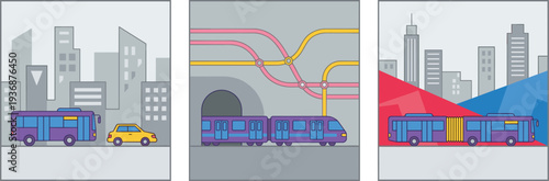 Urban public transportation illustration set featuring city bus metro train subway map skyline traffic modern transit system flat vector design