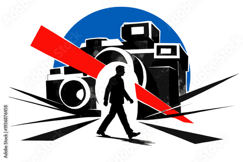 Black and white figure walking forward while large abstract camera shapes loom behind like architectural blocks, bold blue circular form anchoring