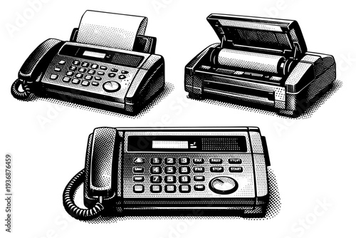 Fax machine ? thermal paper fax device. A realistic thermal fax machine presented as one object in three different views highlighting compact body, paper roll