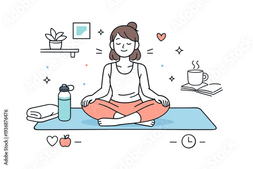 At-home Pilates lifestyle. A person finishing a Pilates session on a mat with water bottle and towel nearby. Healthy routine, balance between fitness and