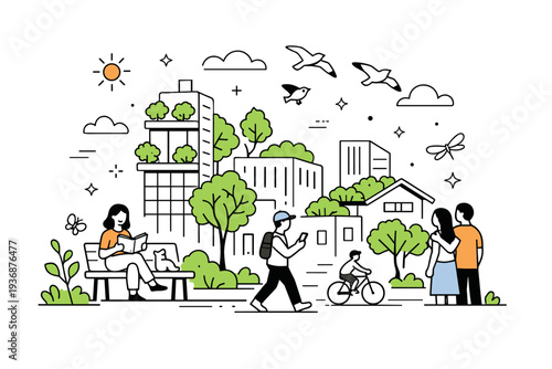 Rewilding cities concept. A calm editorial scene of a modern city where greenery naturally blends with buildings, trees growing between structures and birds