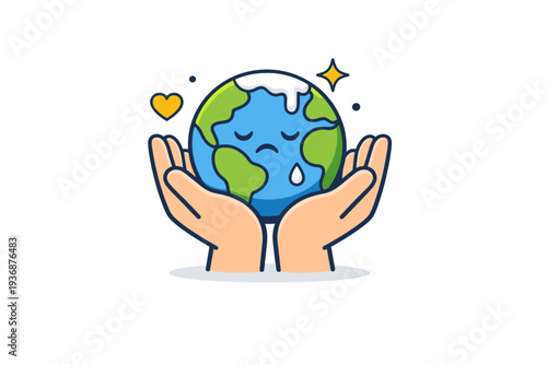 Eco grief and awareness shown through a fragile Earth icon held gently in caring hands, conveying vulnerability, responsibility, and emotional connection to