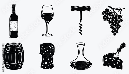 Wine Tasting Icons Set Black Silhouette Vineyard Elements