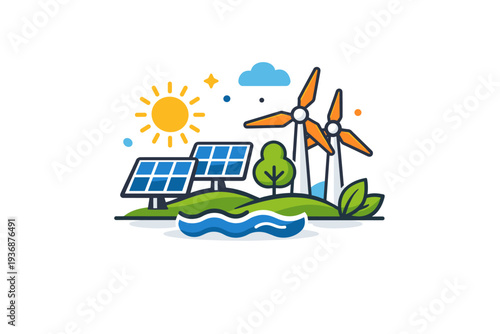 Renewable energy sources highlighting clean power generation as solar panels, wind turbines and natural elements form a balanced scene that communicates
