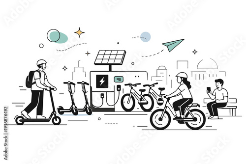 Future city mobility. A conceptual editorial scene combining e-scooters, bikes and charging points in a modern city space. Innovation, flexibility and smooth