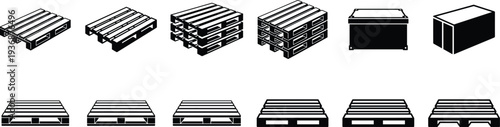 Warehouse pallet and cargo crate icon set, wooden shipping pallets stack silhouettes for logistics, freight transport, storage and industrial packaging design
