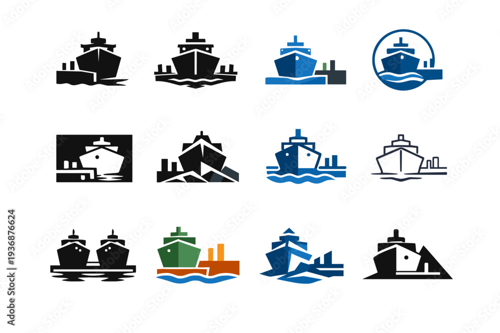 Fototapeta premium Quay. Icon set. Set Logo of quay: ship alongside dock. harmonious logo variations of the same emblematic concept, each with different artistic interpretation