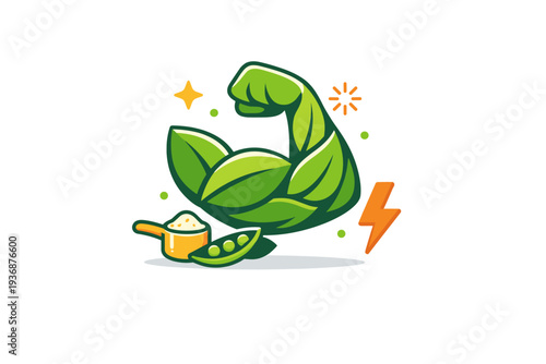 Plant-based protein representing sustainable strength through a flexed arm silhouette formed by leaves, communicating energy, performance, and eco-conscious