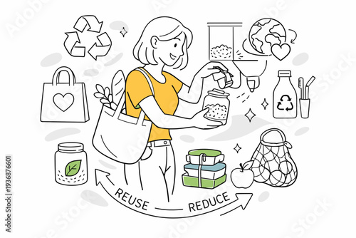 Zero Waste Shopping. Person refilling containers at a bulk store, smooth gestures and flowing lines showing mindful choice. Positive, empowering mood with
