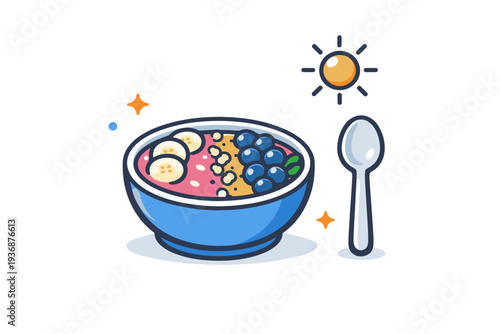 Healthy breakfast routine illustrated by a smoothie bowl placed next to a spoon and small sun icon, expressing morning energy mindful eating and simple