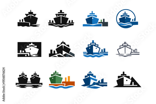 Quay. Icon set. Set Logo of quay: ship alongside dock. harmonious logo variations of the same emblematic concept, each with different artistic interpretation