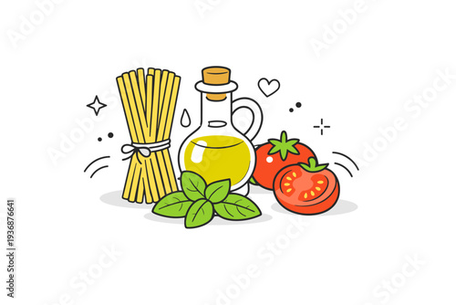 Pasta ingredients. A simple scene with pasta, tomatoes, basil and olive oil arranged in balance. Freshness, everyday cooking and calm preparation, with soft