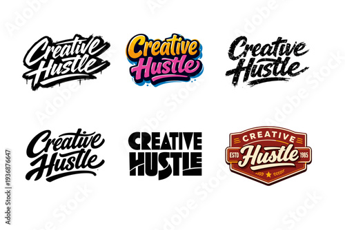 Creative Hustle. Set lettering. harmonious lettering variations of the same emblematic concept, each with different artistic interpretation (Dynamic