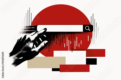 High-contrast black and white close-up of a hand typing into a floating search bar, duplicated offset silhouette creating motion echo effect, large deep red