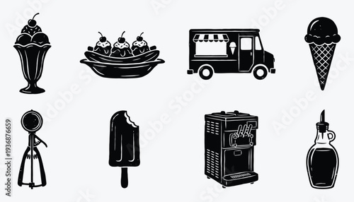 Ice Cream Treats Icons Black Silhouette Dessert Set