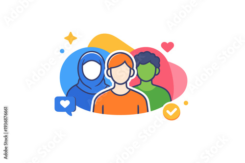 Future of social identity represented by overlapping but harmonious shapes around individual figures, expressing diversity, flexibility, and acceptance without