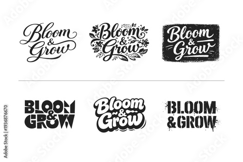 Bloom & Grow. Set lettering. harmonious lettering variations of the same emblematic concept, each with different artistic interpretation (Elegant script with