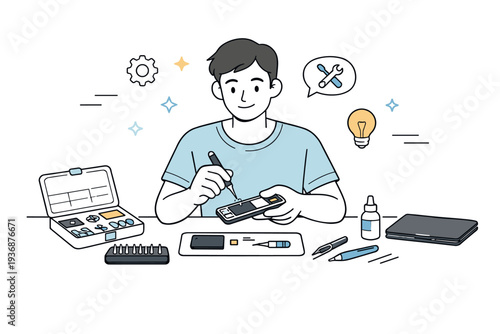 Device repair at home. A simple scene of a person fixing a smartphone or laptop on a tidy desk. Organized tools, relaxed posture, and a sense of confidence and