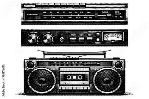 Boombox ? cassette radio boombox. A realistic cassette radio boombox presented as one object in three different views highlighting tuning scale, control knobs,