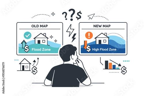 Flood zone remapping property value shock. Homeowner comparing old and new map versions on split screens, thoughtful and unsettled mood. Abstract arrows and