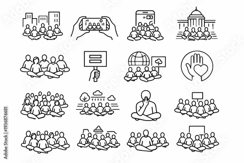 Modern Sit-In Demonstration. Line icon set of Modern Sit-In Demonstration: urban plaza sit, smartphones filming sit-in, social media live protest, city hall