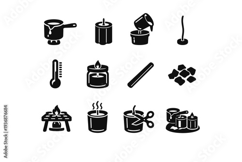 Making Candles at Home. Solid icon set of Making Candles at Home: melting wax pot, candle mold, pouring wax, candle wick, thermometer, finished candle jar,
