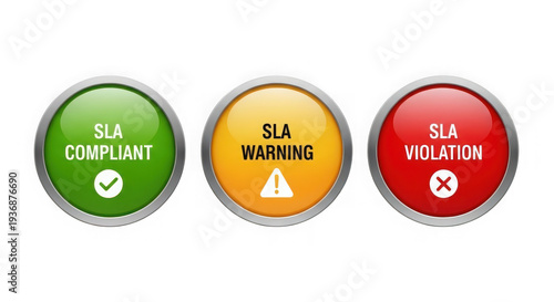 Three round buttons showing sla status indicators isolated on transparent background
