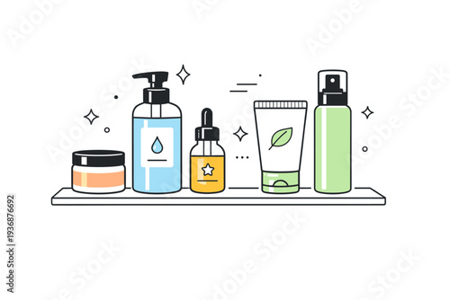 Beauty routine bottles. Minimal cosmetic bottles and jars standing neatly on a bathroom shelf, calm daily self-care moment. Soft balance and clean personal