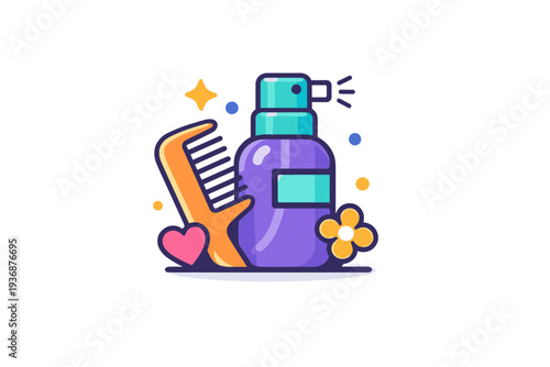 Hair styling tools captured as a compact beauty badge combining comb and spray bottle elements, expressing versatility, routine care, and personal style
