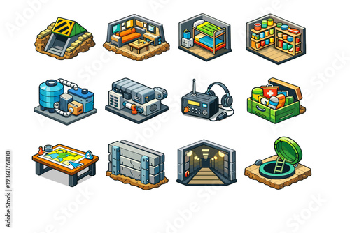 Underground Shelter. Colorful isometric vector icons set of Underground Shelter: fallout shelter entrance, underground living quarters, bunk beds room, food