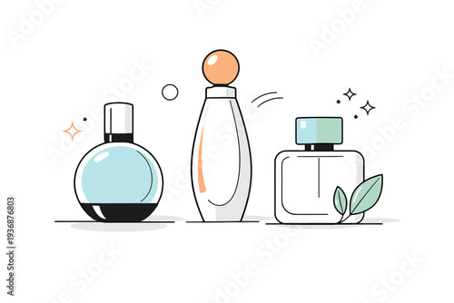 Abstract perfume bottles. A calm editorial scene with simplified perfume bottles in abstract shapes, expressing elegance and modern fragrance design. Balanced