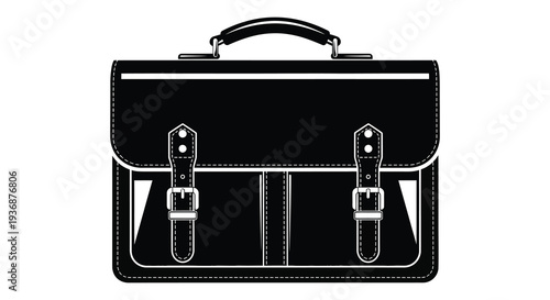 A black and white illustration of a classic leather satchel with a handle and buckle closures