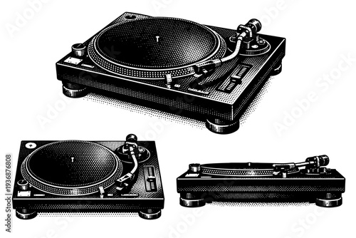 Turntable ? direct-drive DJ turntable with robust chassis, strobe markings, and pitch control slider. Black and white dot style with halftone texture and high