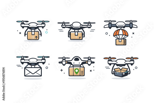 Drone delivery icon set. A compact collection of delivery drones shown as clean mini icons with packages attached. The scene feels modern, technical, and easy