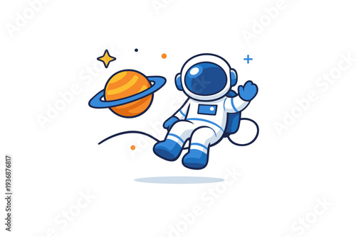 Astronaut exploration concept shown through a friendly astronaut floating calmly with a planet and tether line, expressing human presence wonder and