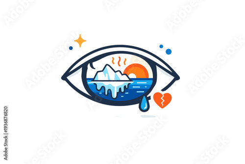 Climate reporting burnout represented by a tired eye icon reflecting melting ice and rising temperatures, expressing compassion fatigue and constant witnessing