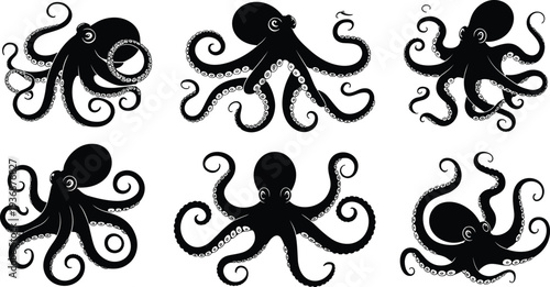 Octopus silhouette collection, marine sea creature with tentacles vector illustration set, ocean wildlife animal icons isolated on white background