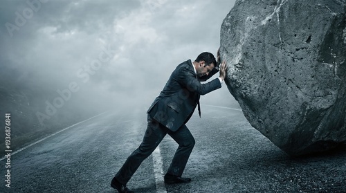 Business man pushing a large rock up a hill. Concept of overcoming challenge, hardship, and perseverance in business or life.