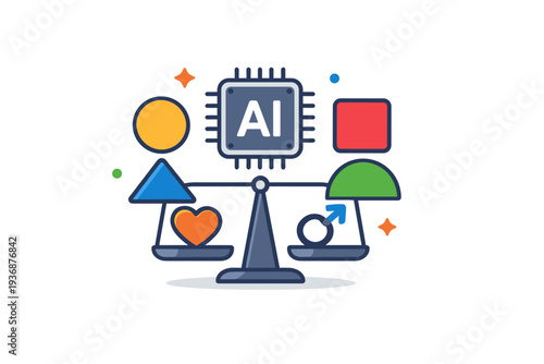 Ethical AI fairness and bias awareness expressed through equalized geometric shapes arranged symmetrically around a central AI symbol, highlighting inclusivity