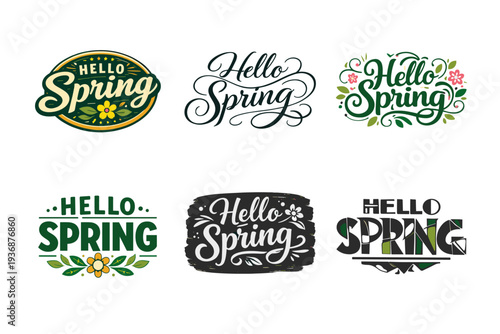 Hello Spring. Set lettering. harmonious lettering variations of the same emblematic concept, each with different artistic interpretation (Retro vintage badge