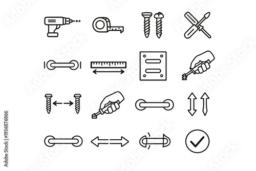 Handle Installation. Line icon set of Handle Installation: drilling holes, measuring tape, screw placement, screwdriver tool, handle alignment marks, mounting