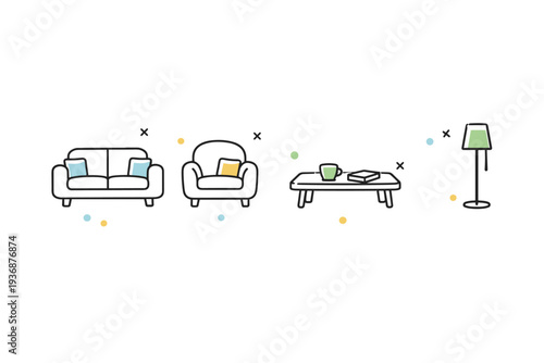 Living room furniture icons. Sofa, armchair, coffee table, floor lamp represented as small cohesive line icons. Calm modern home mood with visual consistency